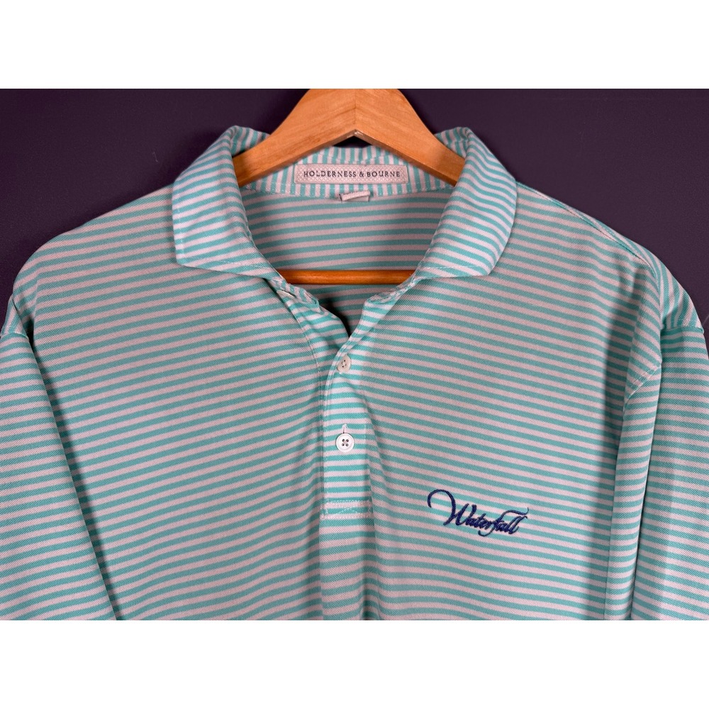 Holderness & Bourne Mens Large Golf Polo Shirt Mint Green Waterfall Golf Course - Picture 1 of 7
